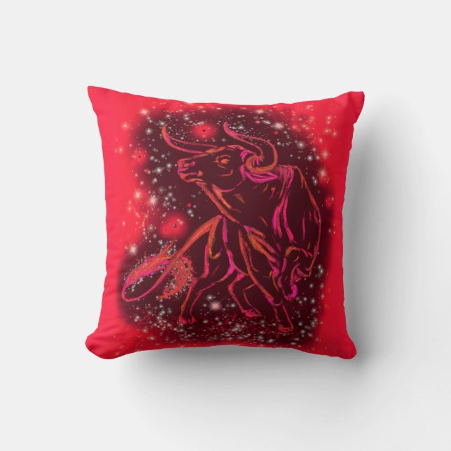 Red Throw Pillow with Bull Running In Starry Night (Front)