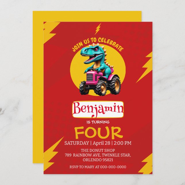 RED thunder Cute dinosaur Farmer truck Birthday  Invitation (Front/Back)