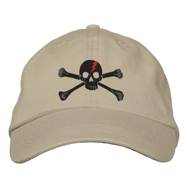 Red Thunderbolt Crossbones Skull Embroidery Embroidered Hat (Front)