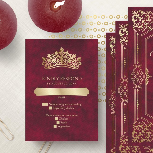 Red Tiara Crown Elegant Quinceanera RSVP Card (Creator Uploaded)