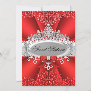 Red Tiara & Damask Sweet 16 Birthday Party Invitation
