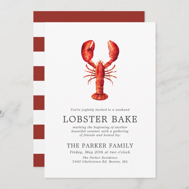 Red Tide  | Lobster Bake Striped Invitation (Front/Back)
