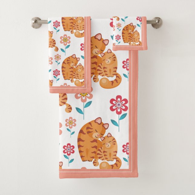 Red tiger cat mother and baby border Mother's Day  Bath Towel Set (Insitu)