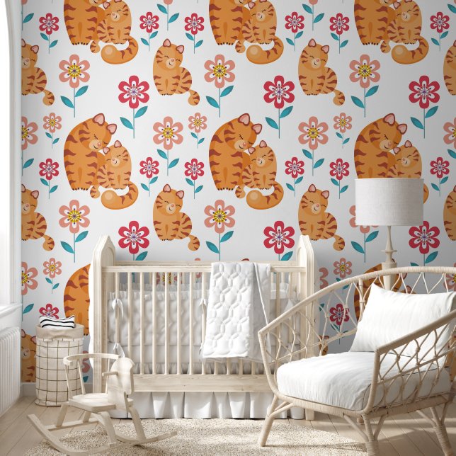 Red tiger cat mother and baby flowers pattern wallpaper (Kids)