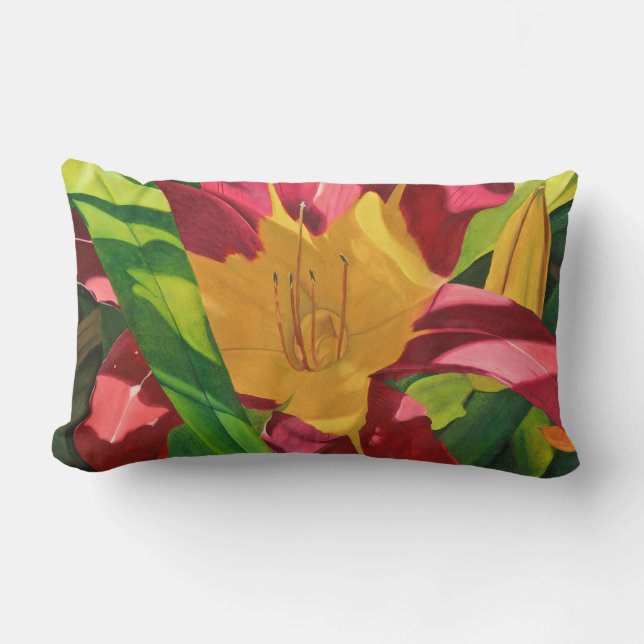 Red Tiger Lily floral painting, Lumbar Cushion (Front)