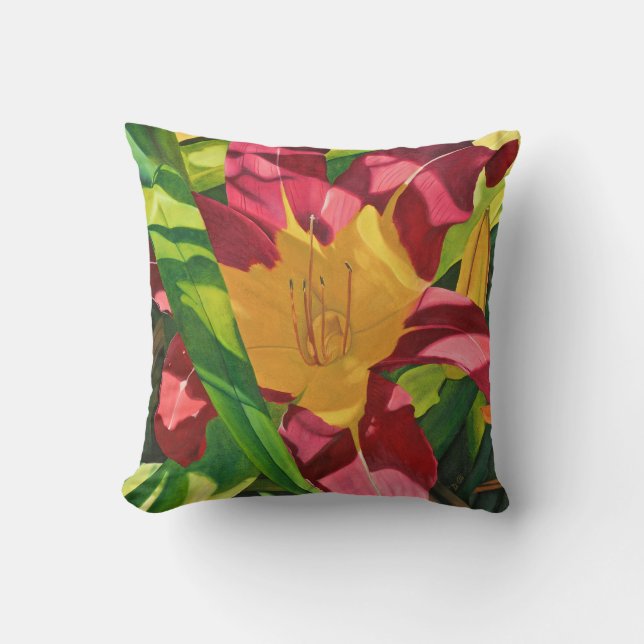 Red Tiger Lily floral painting, Solid Back Cushion (Front)