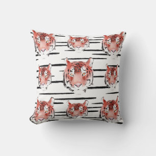 Red Tiger Watercolor Black Stripes Zodiac Animal Cushion