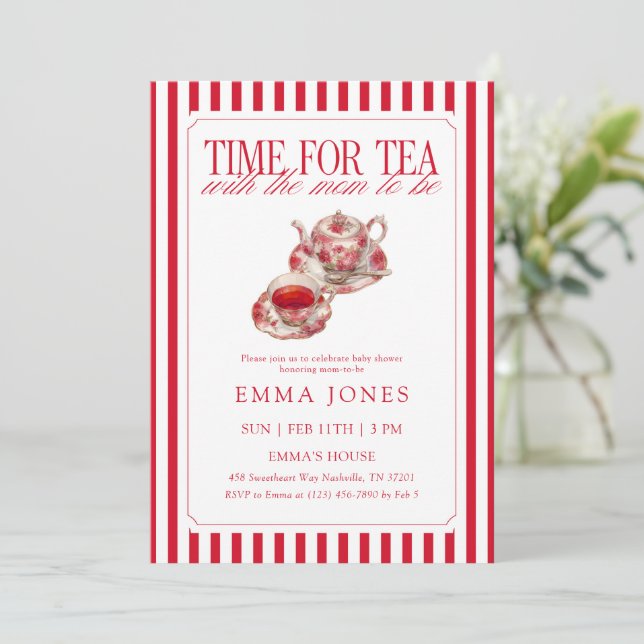 Red Time for tea tea party baby shower Invitation (Standing Front)