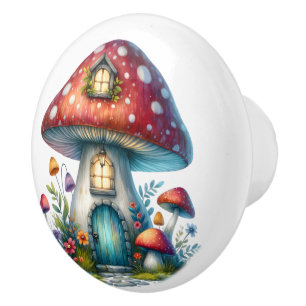Red Toadstool Fairy House Ceramic Knob