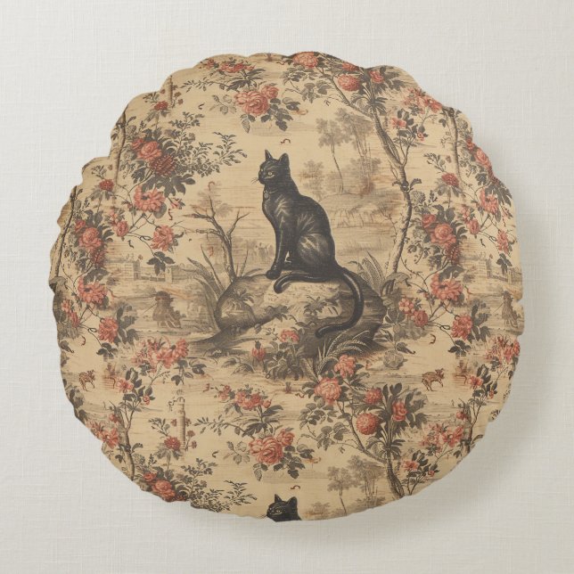 Red Toile Chinoiserie Cat Damask Round Cushion (Front)