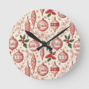 Red Toile Chinoiserie Christmas Ornaments Round Clock