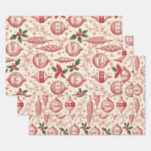 Red Toile Chinoiserie Christmas Ornaments Wrapping Paper Sheet