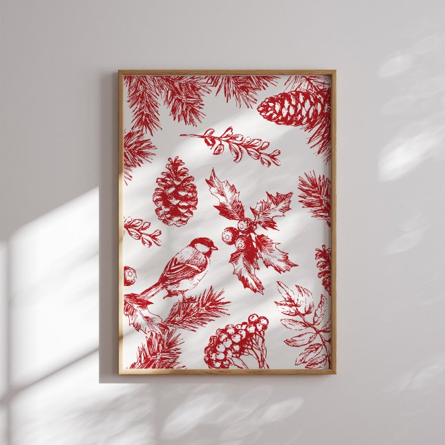  Red Toile Christmas Bird and Pine Poster (Creator Uploaded)