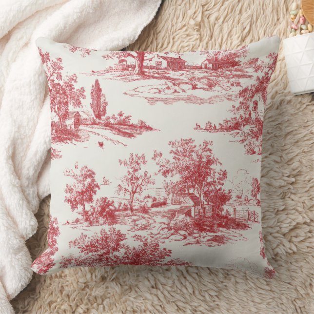 Red Toile Countryside Scene (10) Cushion (Blanket)