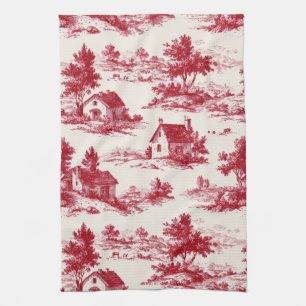 Red Toile Countryside Scene (11) Tea Towel
