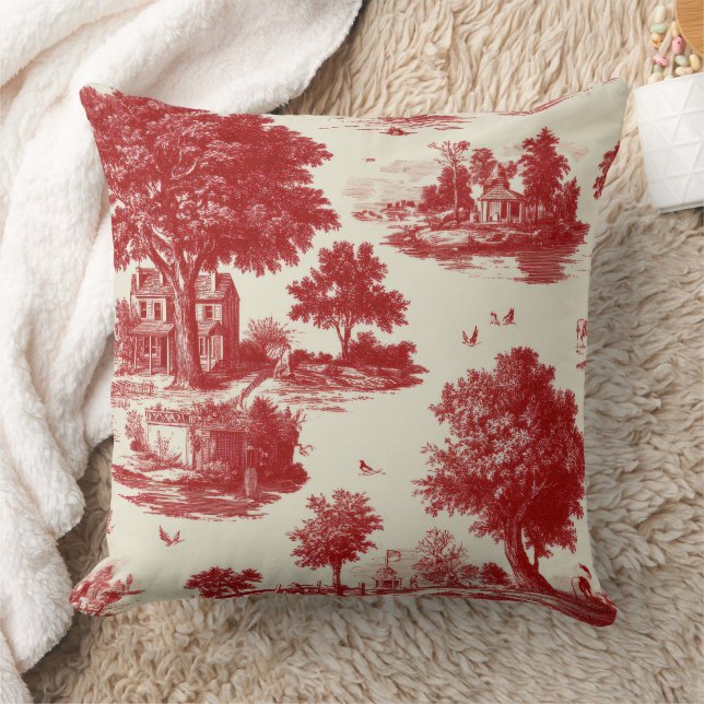 Red Toile Countryside Scene (12) Cushion (Blanket)