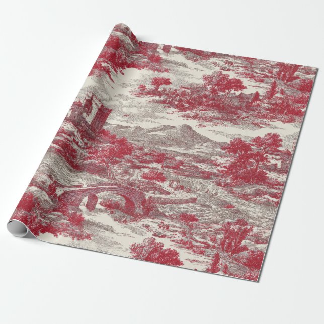 Red Toile Countryside Scene (1) Wrapping Paper (Unrolled)