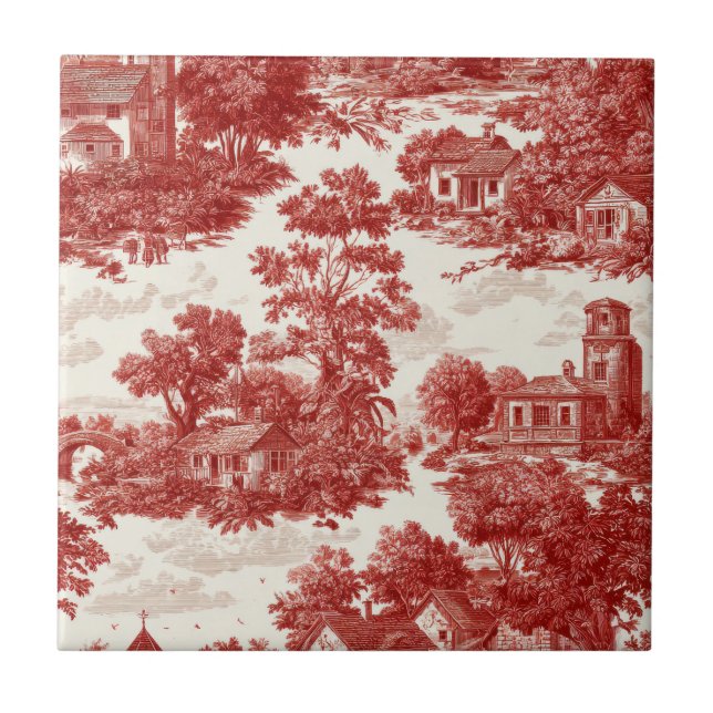 Red Toile Countryside Scene (8) Ceramic Tile (Front)