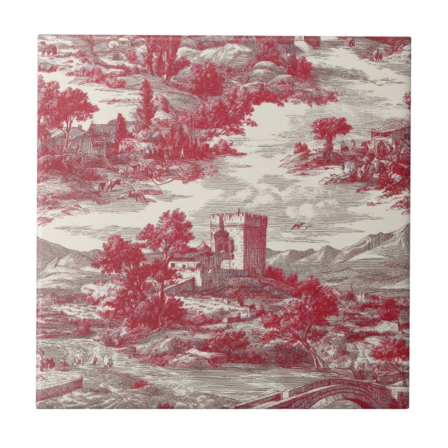 Red Toile Countryside Scene Ceramic Tile (Front)