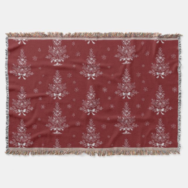 Red Toile De Jouy Coquette Christmas Foliage Throw Blanket (Front)