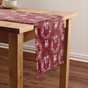Red Toile De Jouy Holiday Wreath and Ornament Short Table Runner