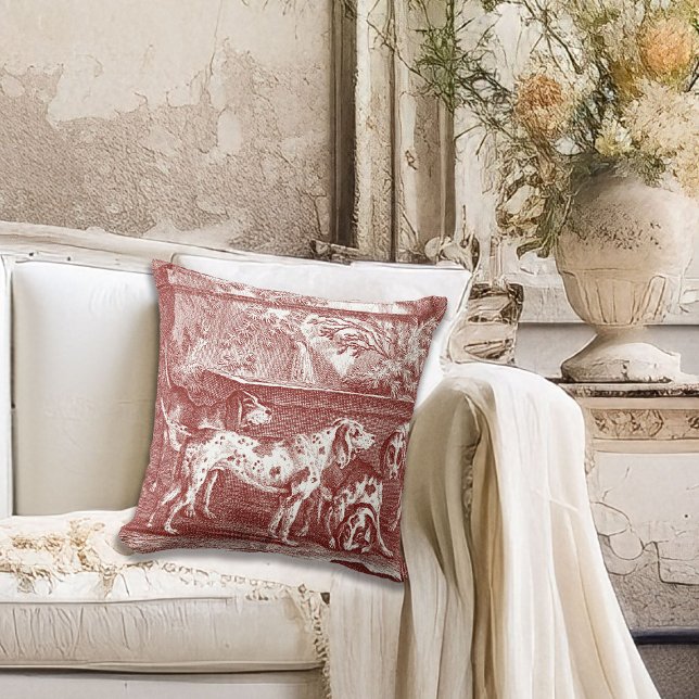 Red Toile de Jouy Hunting Dogs in Countryside Cushion (Creator Uploaded)