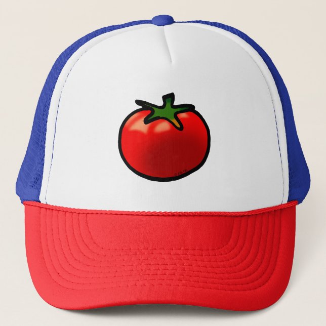 Red Tomato Whimsical Custom Art Trucker Hat (Front)