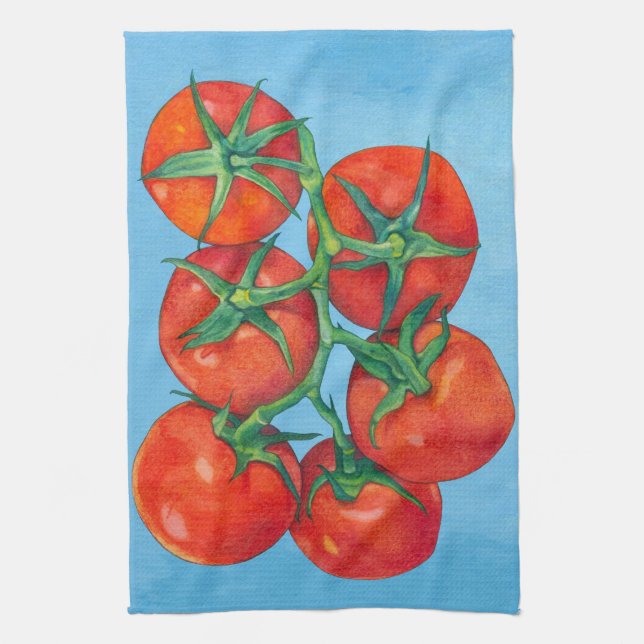 Red Tomatoes blue Kitchen Towel (Vertical)