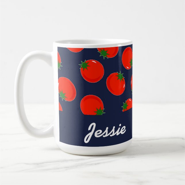 Red tomatoes on blue coffee mug (Left)