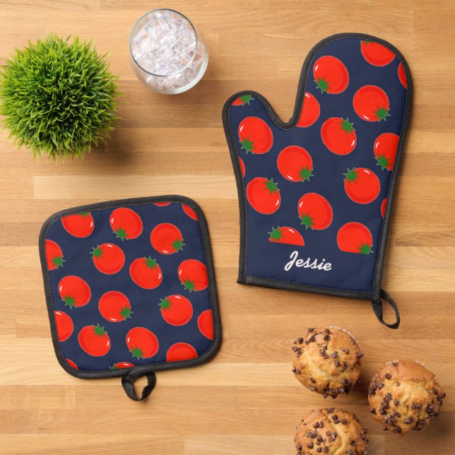 Red tomatoes on blue oven mitt & pot holder set (Top Down)