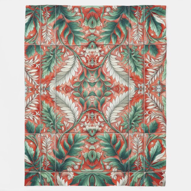 Red Tone Tile Style Foliage Design  Fleece Blanket (Front)