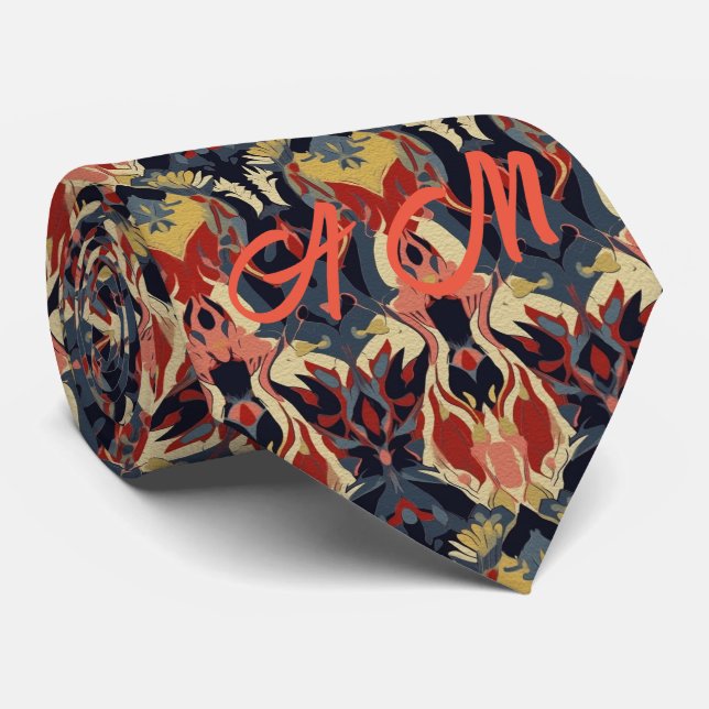 Red Tones Retro Ikat Pattern Monogram Initials Tie (Rolled)