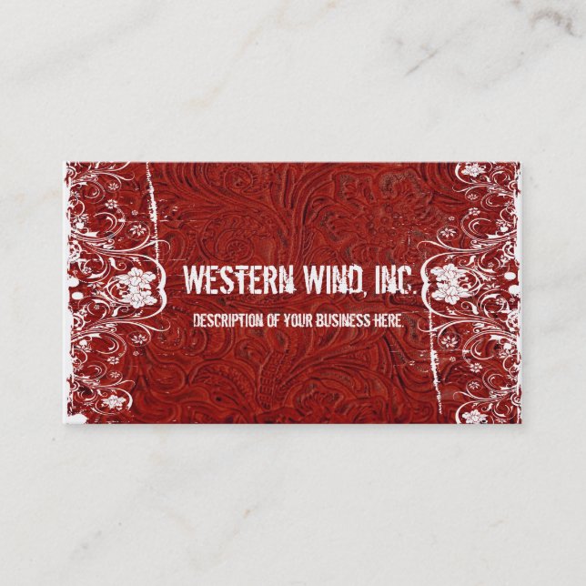 Red Tooled Leather and Lace Business Card (Front)