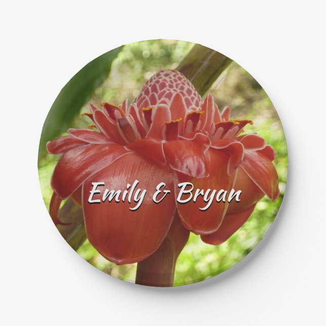 Red Torch Ginger Tropical Flower Photography Paper Plate (Front)