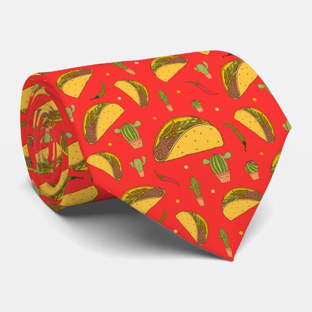 Red Tortilla Tacos Chillies Pattern Mexican Chef Tie (Rolled)