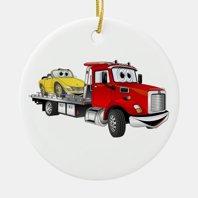 Red Tow Truck Flatbed Cartoon Ceramic Ornament (Front)