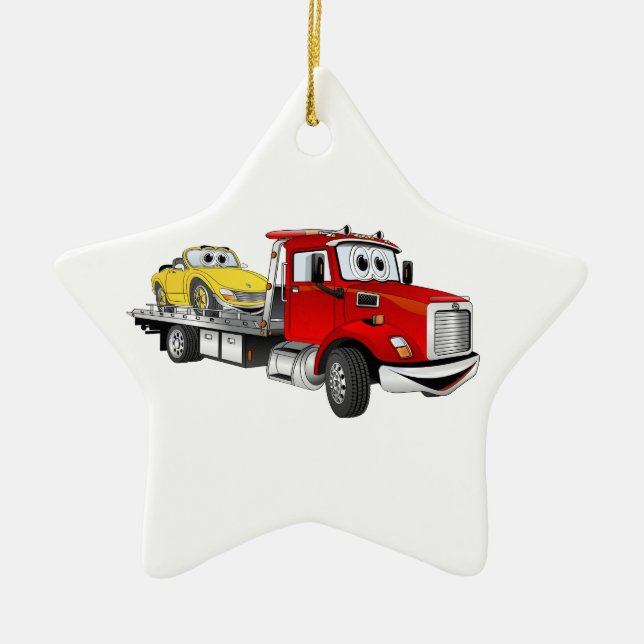 Red Tow Truck Flatbed Cartoon Ceramic Tree Decoration (Front)