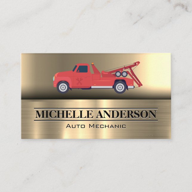 Red Tow Truck | Metallic Background Business Card (Front)