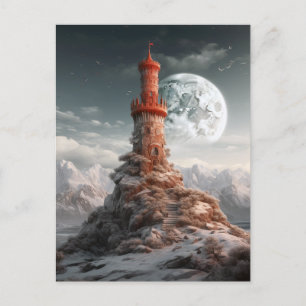 Red Tower Full Moon Landscape Fantasy Art Postcard