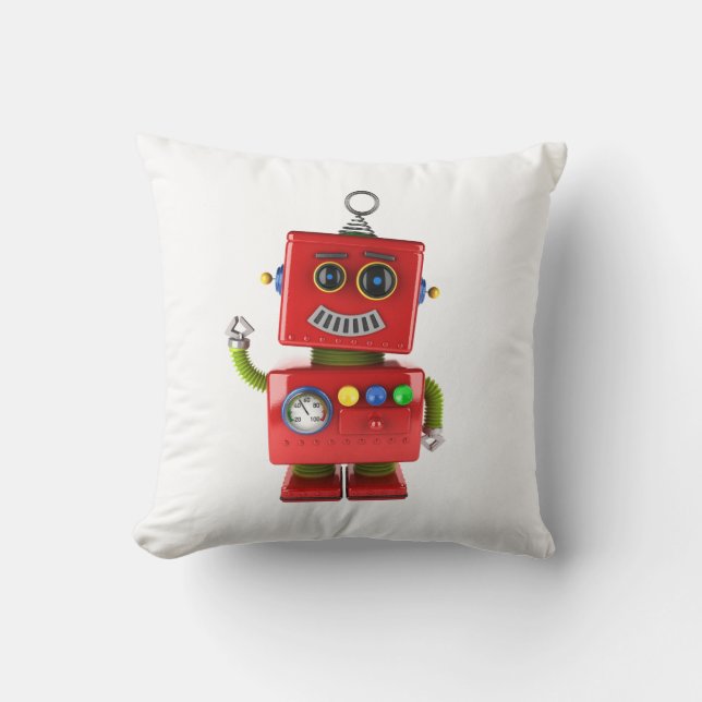 Red toy robot waving hello cushion (Front)