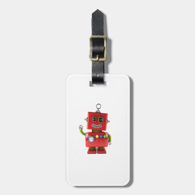 Red toy robot waving hello luggage tag (Front Vertical)
