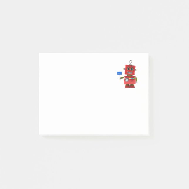 Red toy robot with hello sign post-it notes (Front)