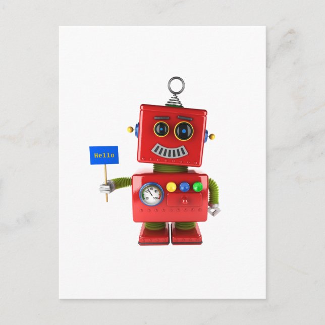 Red toy robot with hello sign postcard (Front)