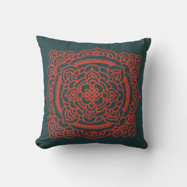 Red Tracery Ornament Dark Green Throw Pillow (Front)