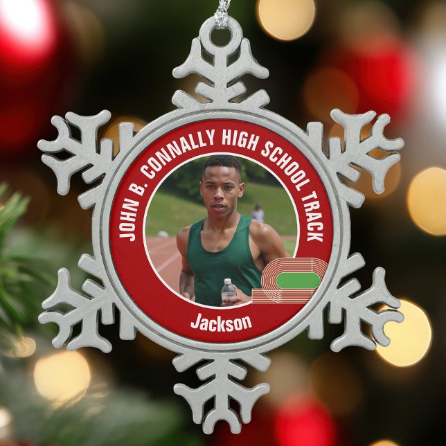 Red Track & Field Photo High School Athlete Snowflake Pewter Christmas Ornament (Creator Uploaded)