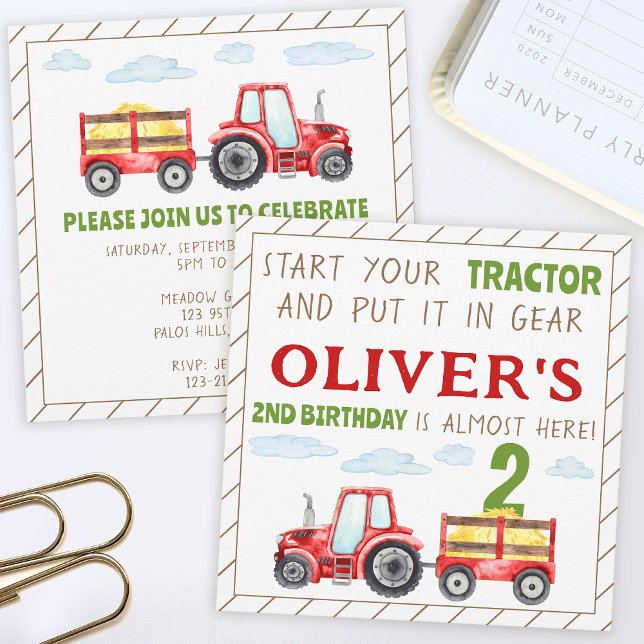 Red tractor 1st 2nd boy birthday square invitation (Creator Uploaded)