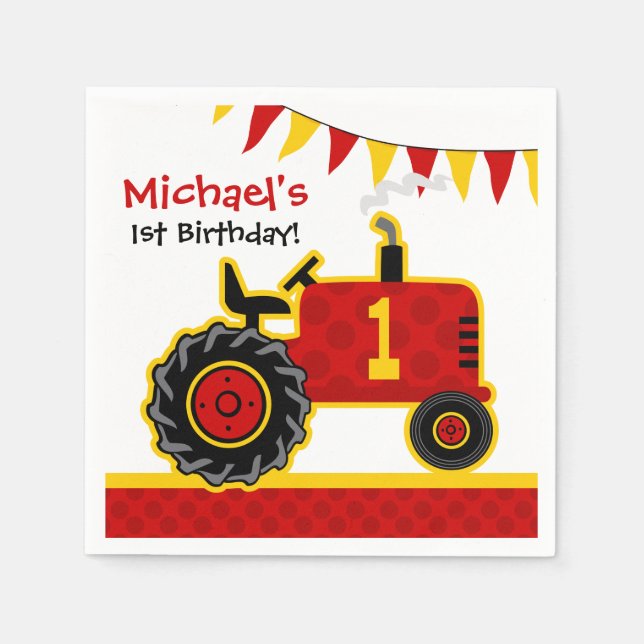 Red Tractor 1st Birthday Napkin (Front)