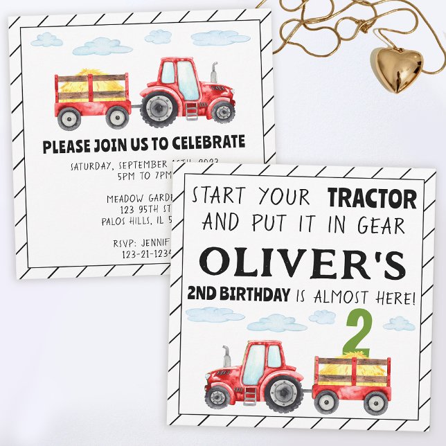 Red tractor 2nd birthday boy party invitation (Creator Uploaded)