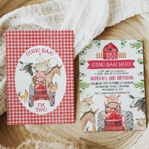 Red Tractor And Barn Farm Birthday Invitation