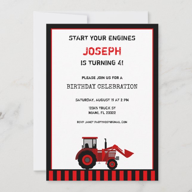 Red Tractor Birthday Invitation (Front)